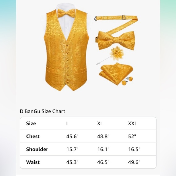 🆕 Silk Paisley Yellow/Gold Dress Vest for Men w/bowtie pocket square & more XL - Picture 5 of 6
